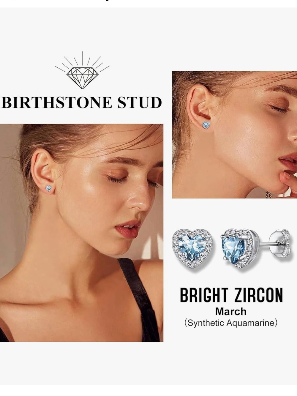 March Aquamarine Heart Stud Earrings - Bright Zircon